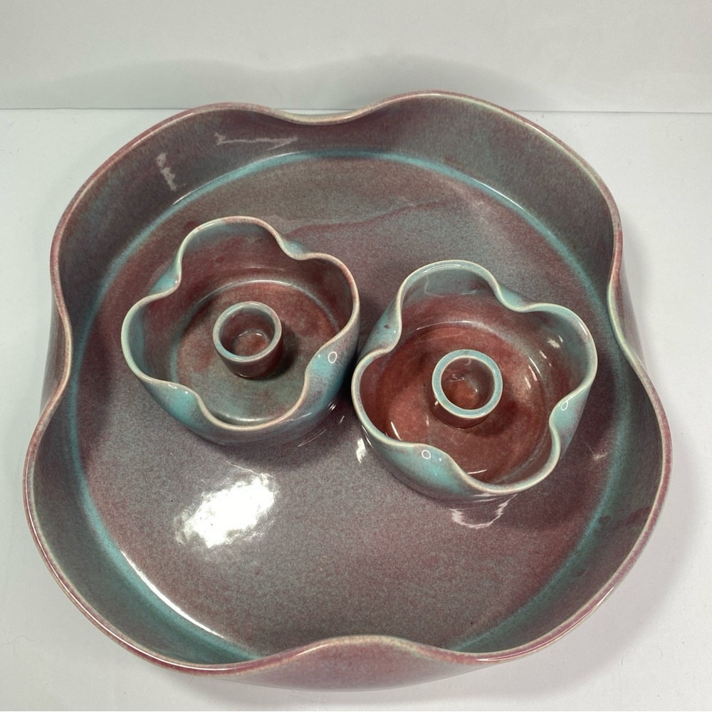 Vintage West Coast Pottery #519/#516 Blue Pink Planter Bowl Taper Candle Holders